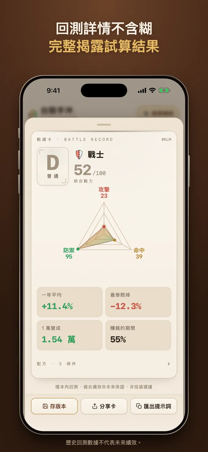 S–F 評等卡與攻擊/防禦/命中三維雷達