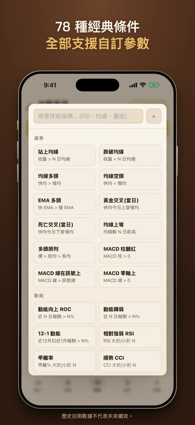78 種條件的技術指標選單